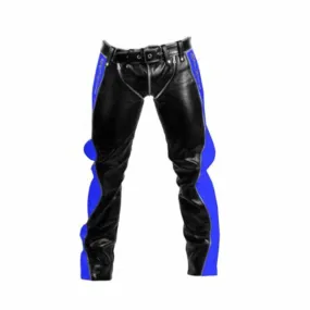 Black with Blue Stripes Leather Heavy Duty Bondage Pants Jeans - R2-BLU-BLK