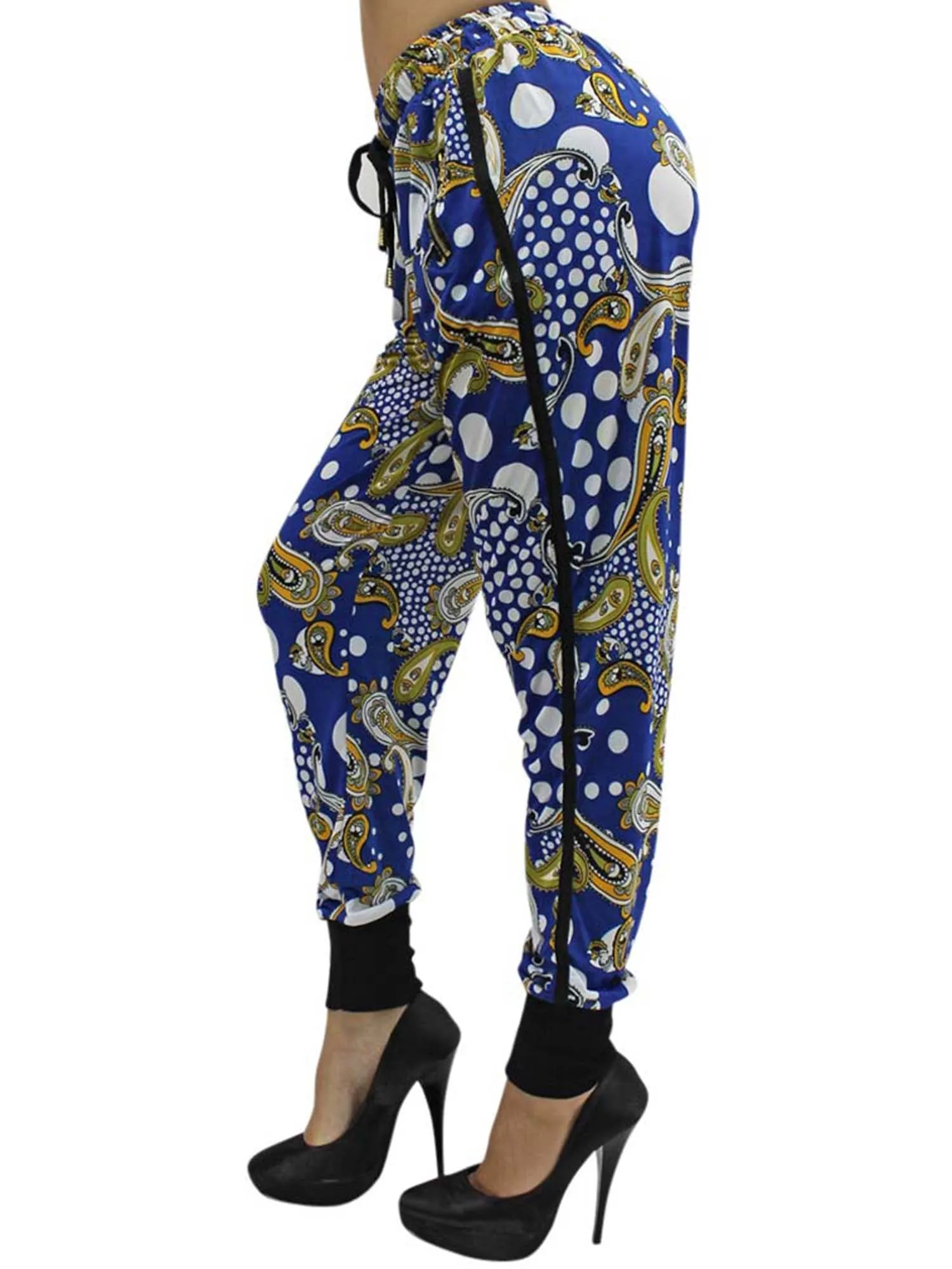 Blue Colorful Paisley Jogger Pants With Tuxedo Stripe