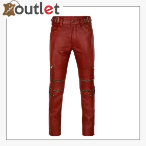 Cherry Red Zipper Leather Pants