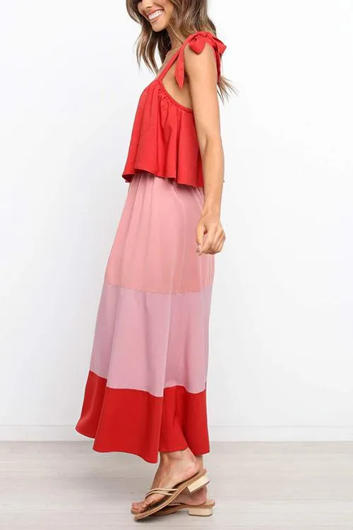 Color Block Bow Slip Maxi Dress