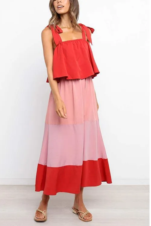 Color Block Bow Slip Maxi Dress