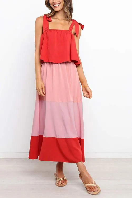 Color Block Bow Slip Maxi Dress