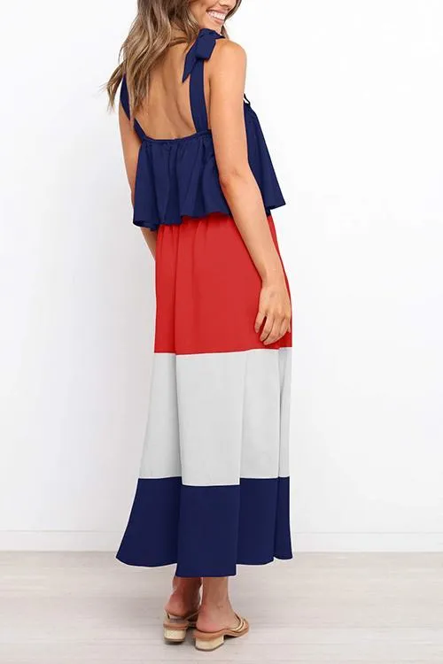 Color Block Bow Slip Maxi Dress