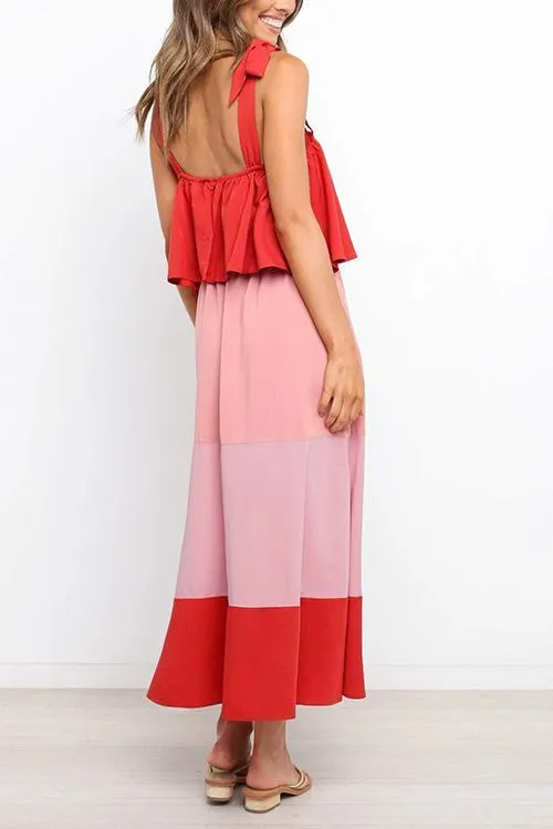 Color Block Bow Slip Maxi Dress