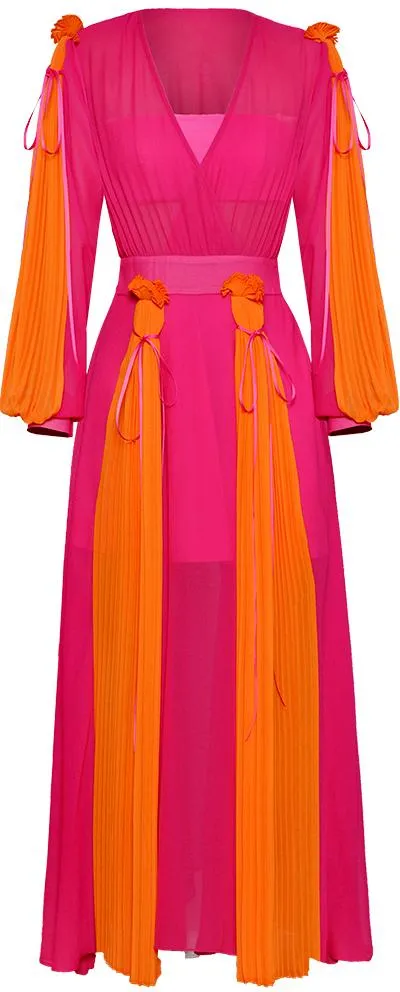 Color-Block Pleated Paneled Maxi Dress, Fuchsia Pink and Orange