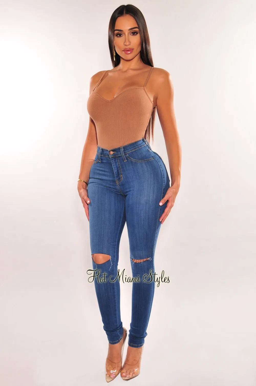 Denim Ripped Knee High-Waist Skinny Jeans