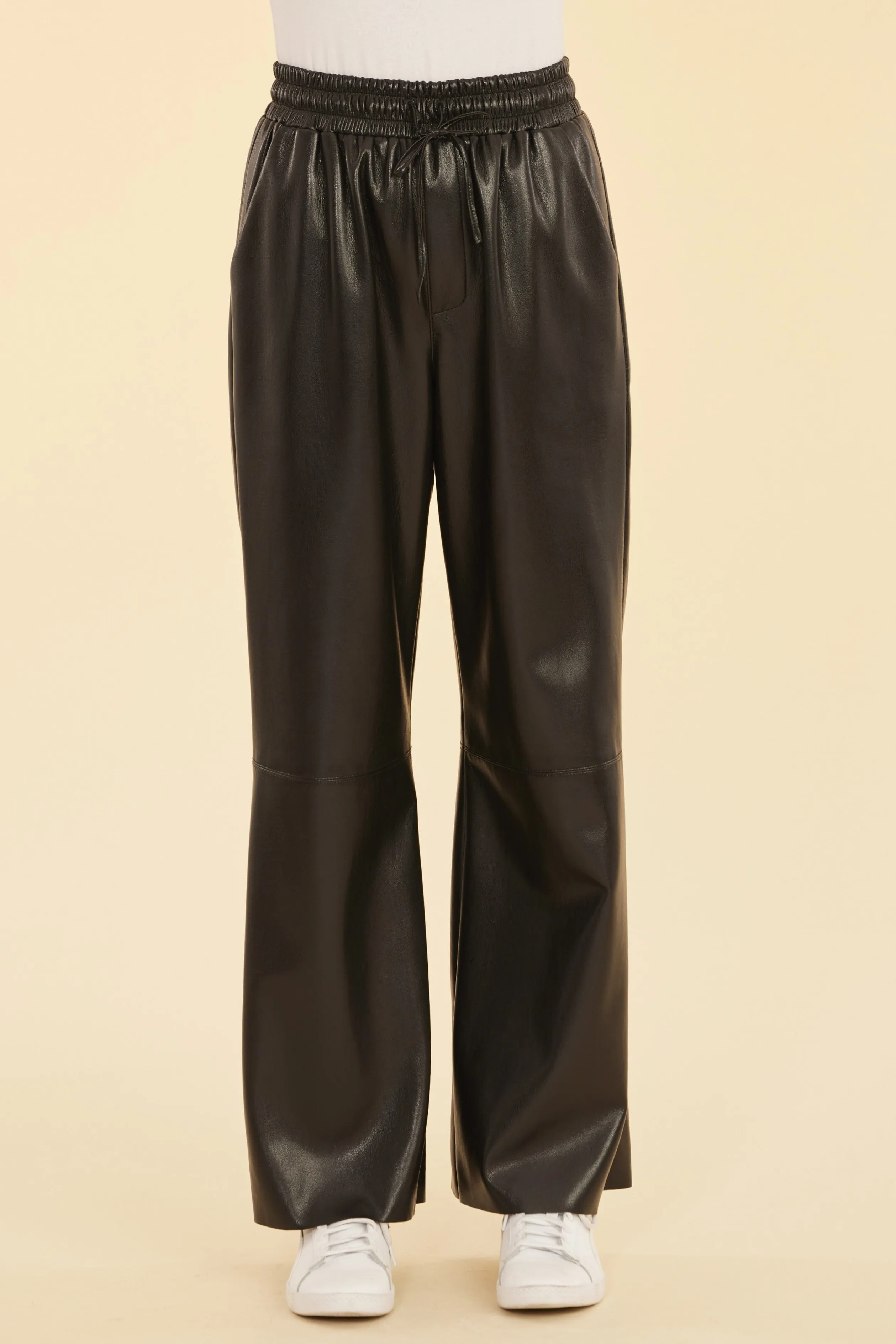 Faux Leather Wide Leg Drawstring Pants