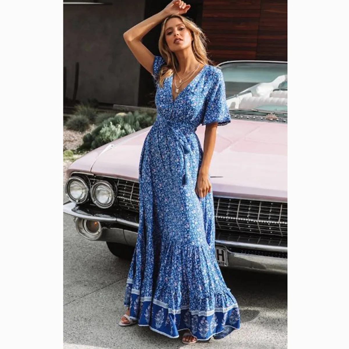 Frieda Bohemian Floral Print V Neck Waist Tie Maxi Dress