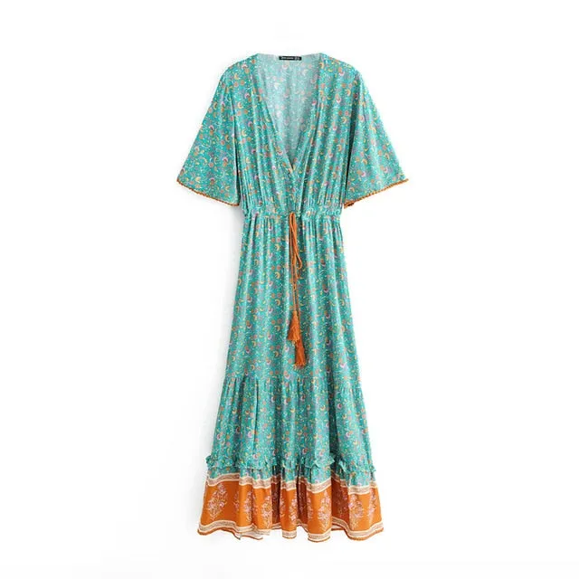 Frieda Bohemian Floral Print V Neck Waist Tie Maxi Dress