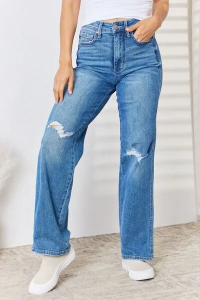 Full Size High Waist Distressed Straight-Leg Jeans