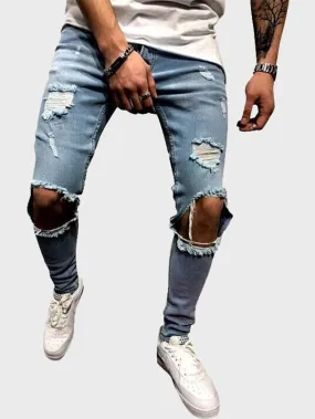 Men Button Fly Ripped Washed Jeans