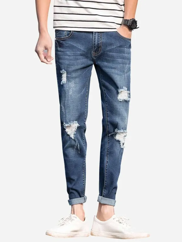 Men Rolled Hem Ripped Wash Jeans