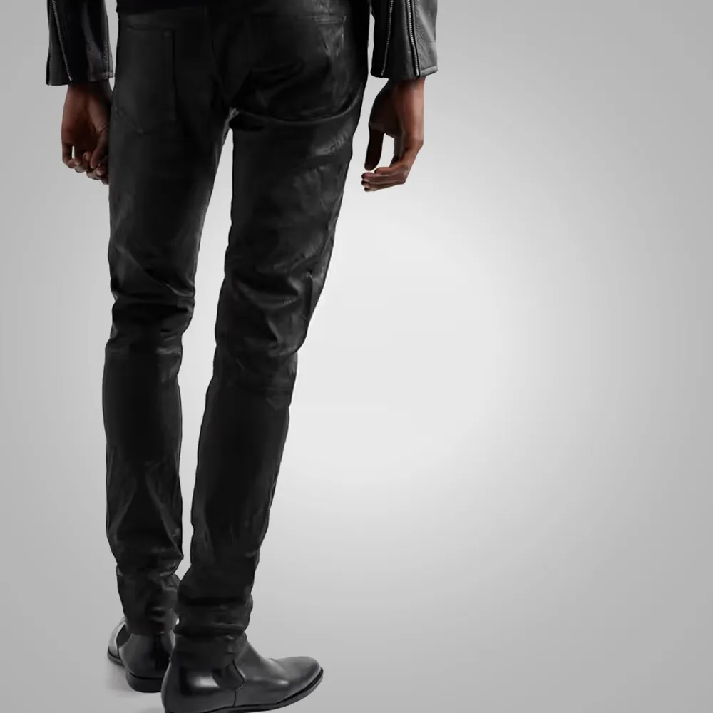 Men's  Fashion Black Cowhide Leather Biker Pant