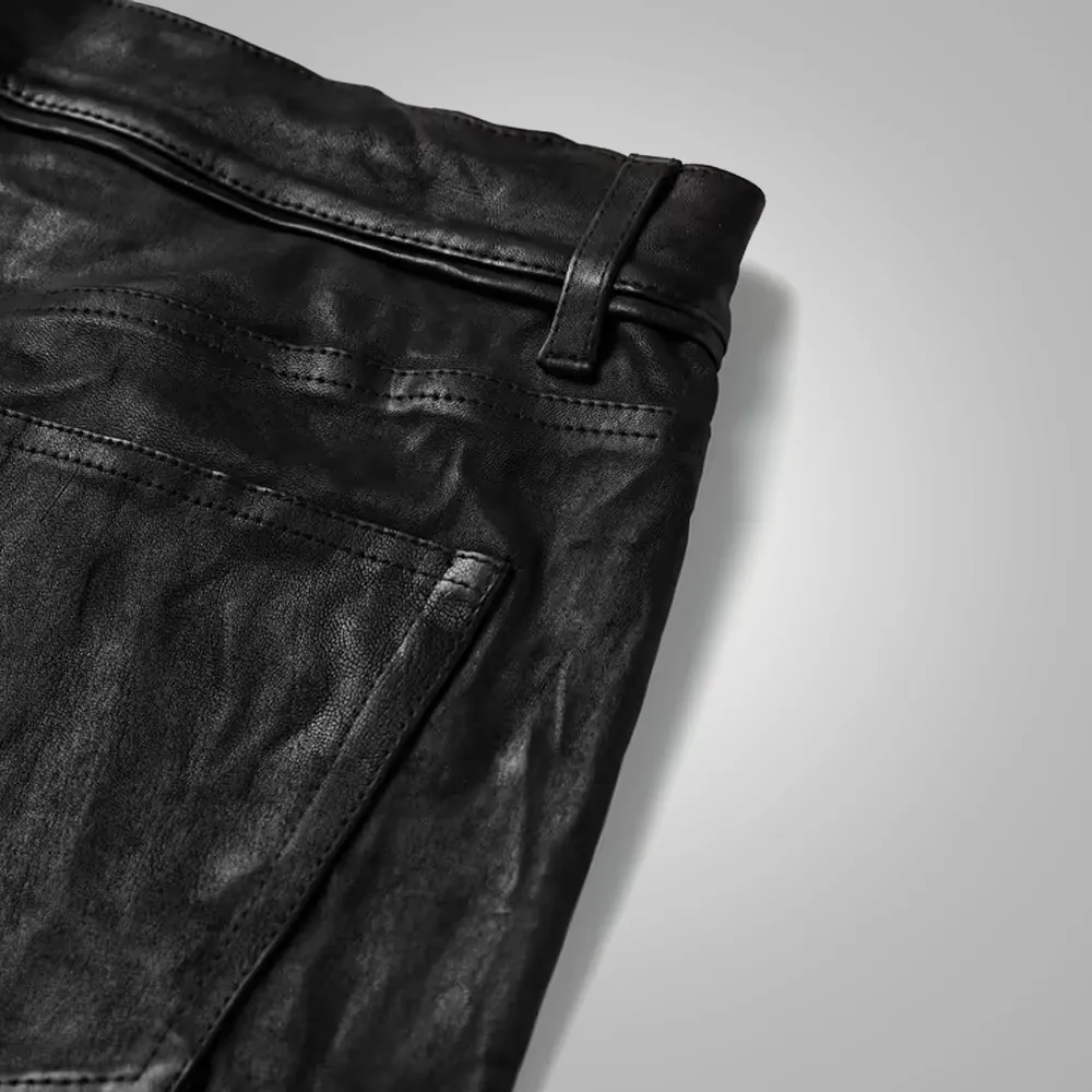 Men's  Fashion Black Cowhide Leather Biker Pant