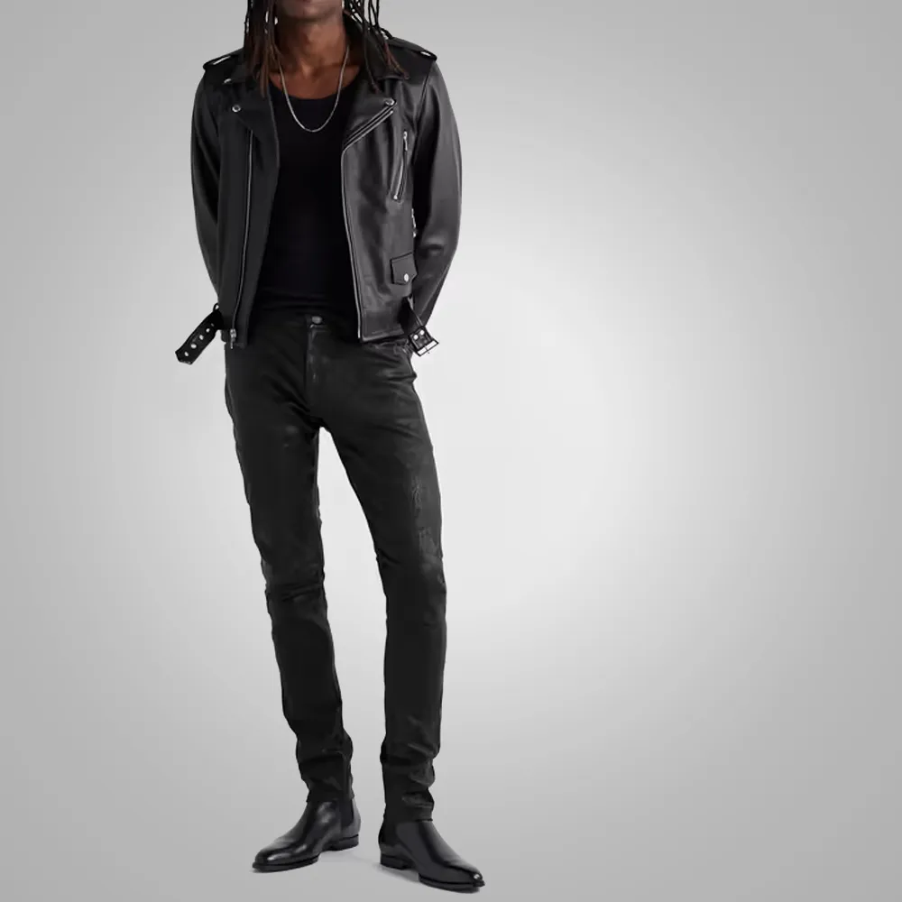 Men's  Fashion Black Cowhide Leather Biker Pant