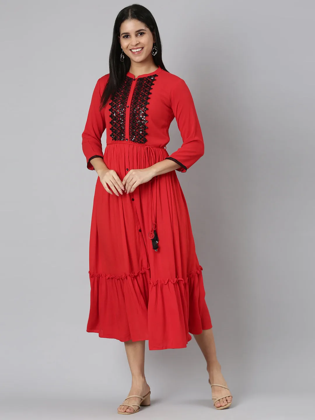 Neerus Red Flared Casual Solid Maxi Dresses