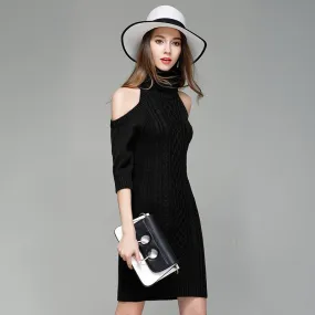 Sexy off-shoulder knitted dress women long turtleneck sweater bottoming shirt